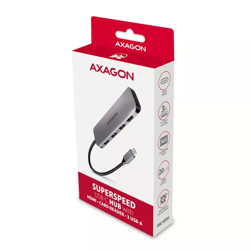 Axagon HMC-HCR3A 3x USB-A+ HDMI+ SD/microSD USB-C 3.2 Gen 1 jaotur 20 cm juhtmega USB 3.2 Gen 1 (3.1 Gen 1) Type-C hall