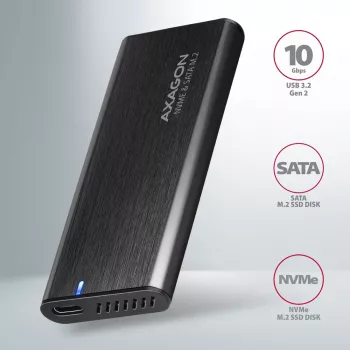 Axagon EEM2-SB2 Väline USB-C 3.2 Gen 2 metallkarp M.2 NVMe ja SATA SSD ketastele. Kruvivaba