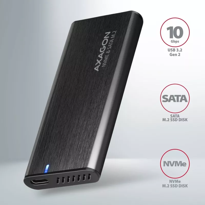 Axagon EEM2-SB2 Väline USB-C 3.2 Gen 2 metallkarp M.2 NVMe ja SATA SSD ketastele. Kruvivaba