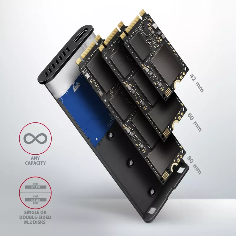 Axagon EEM2-SB2 Väline USB-C 3.2 Gen 2 metallkarp M.2 NVMe ja SATA SSD ketastele. Kruvivaba