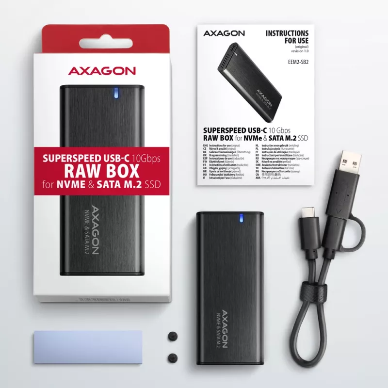 Axagon EEM2-SB2 Väline USB-C 3.2 Gen 2 metallkarp M.2 NVMe ja SATA SSD ketastele. Kruvivaba