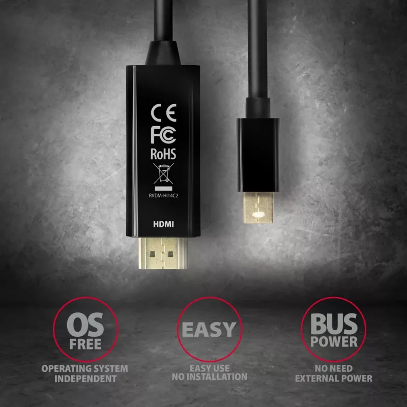 Axagon RVDM-HI14C2 Mini DisplayPort-HDMI adapterkaabel 4K 30Hz 1,8 m