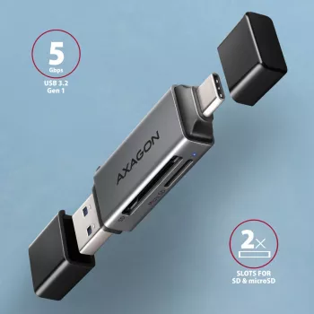 Axagon CRE-DAC USB-C+ USB-A 5 Gbps MINI 2 pesa ja LUN SD/microSD kaardilugeja USB 3.0 Type-A/USB-C Hall