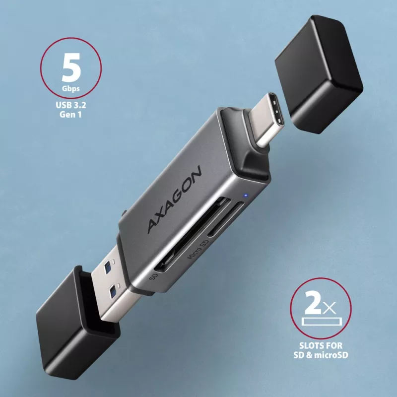 Axagon CRE-DAC USB-C+ USB-A 5 Gbps MINI 2 pesa ja LUN SD/microSD kaardilugeja USB 3.0 Type-A/USB-C Hall