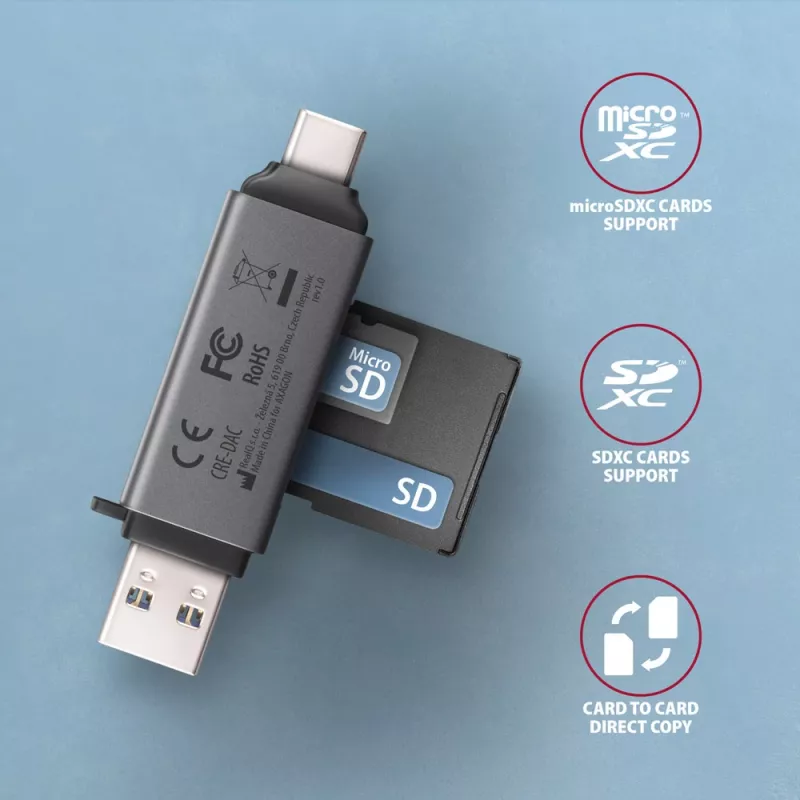 Axagon CRE-DAC USB-C+ USB-A 5 Gbps MINI 2 pesa ja LUN SD/microSD kaardilugeja USB 3.0 Type-A/USB-C Hall