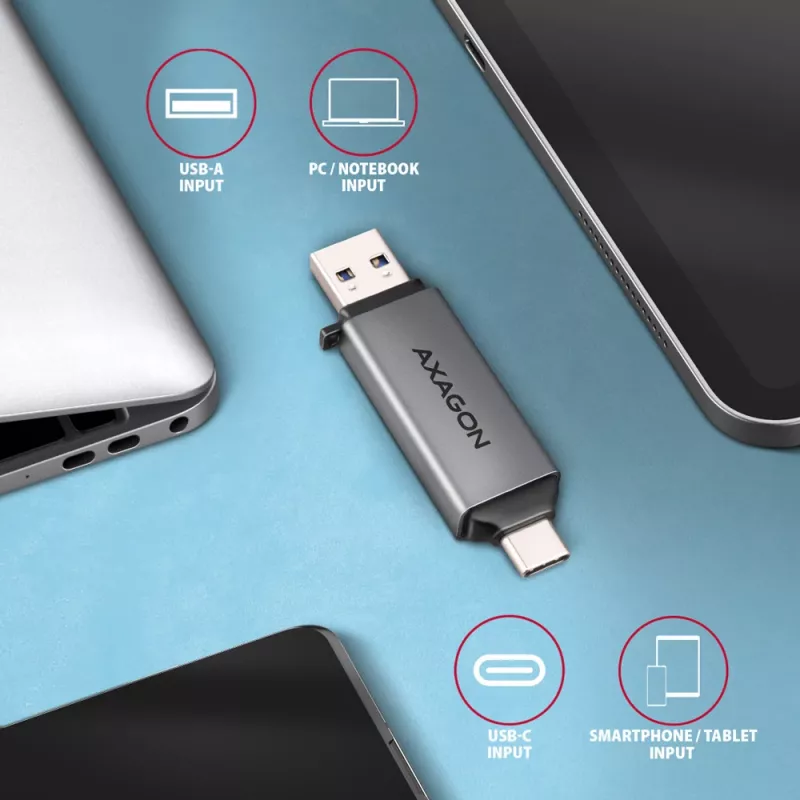Axagon CRE-DAC USB-C+ USB-A 5 Gbps MINI 2 pesa ja LUN SD/microSD kaardilugeja USB 3.0 Type-A/USB-C Hall