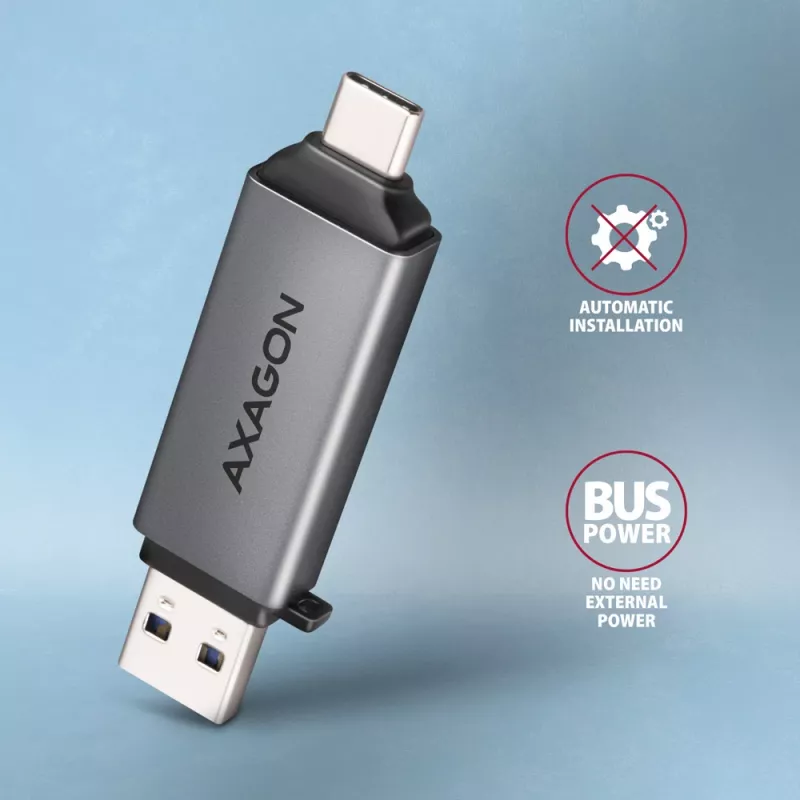 Axagon CRE-DAC USB-C+ USB-A 5 Gbps MINI 2 pesa ja LUN SD/microSD kaardilugeja USB 3.0 Type-A/USB-C Hall