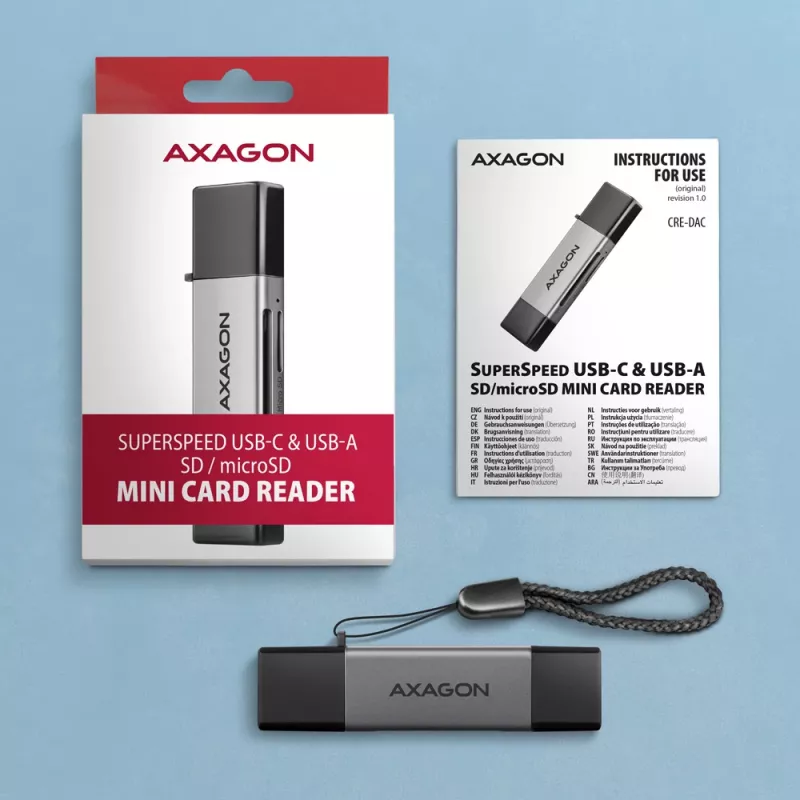 Axagon CRE-DAC USB-C+ USB-A 5 Gbps MINI 2 pesa ja LUN SD/microSD kaardilugeja USB 3.0 Type-A/USB-C Hall