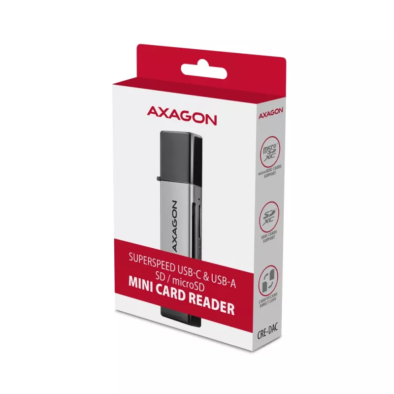 Axagon CRE-DAC USB-C+ USB-A 5 Gbps MINI 2 pesa ja LUN SD/microSD kaardilugeja USB 3.0 Type-A/USB-C Hall
