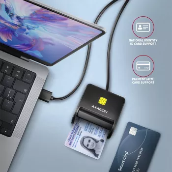 Axagon CRE-SM3N USB-A Smart-kaardi/ID-kaardi lameluger, USB 2.0, 1,3 m, must, 57 g