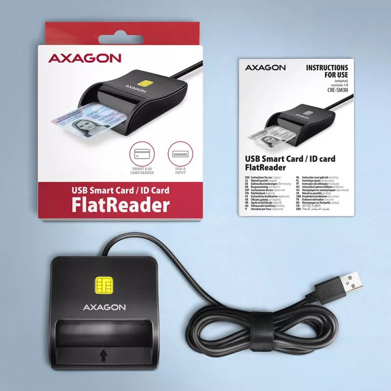 Axagon CRE-SM3N USB-A Smart-kaardi/ID-kaardi lameluger, USB 2.0, 1,3 m, must, 57 g