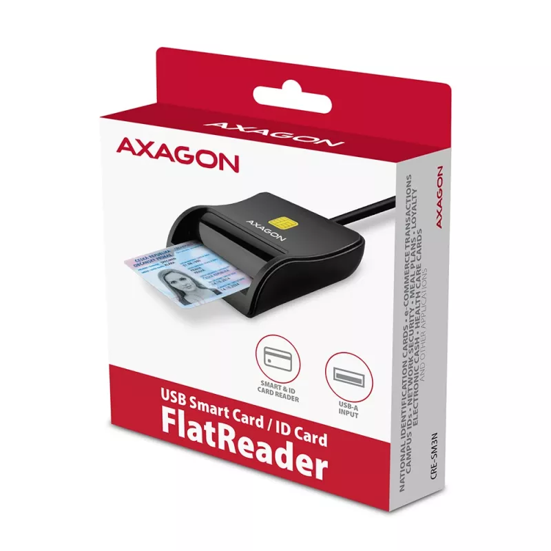 Axagon CRE-SM3N USB-A Smart-kaardi/ID-kaardi lameluger, USB 2.0, 1,3 m, must, 57 g