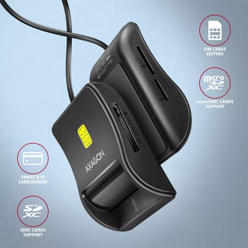 Axagon CRE-SM3SD USB nutikaardi ja SD/microSD/SIM lameda nutikaardi lugeja siseruumidesse USB 2.0 must