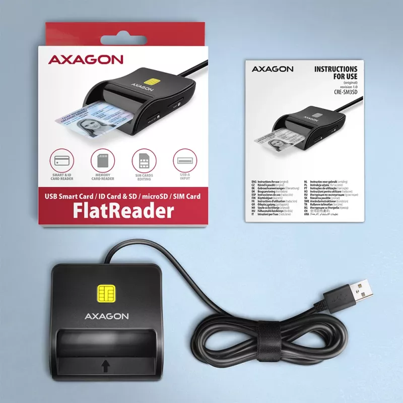 Axagon CRE-SM3SD USB nutikaardi ja SD/microSD/SIM lameda nutikaardi lugeja siseruumidesse USB 2.0 must