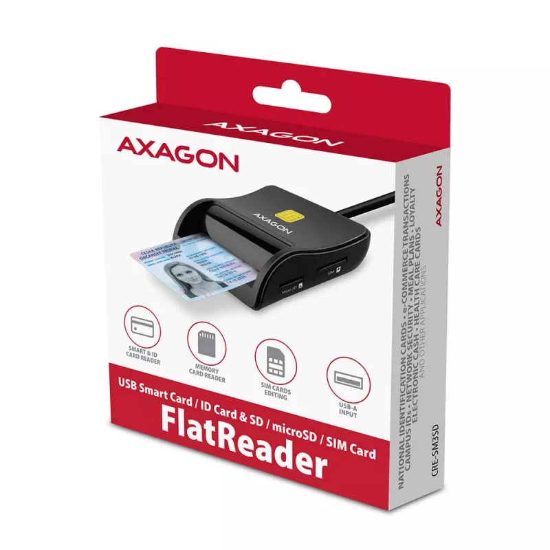 Axagon CRE-SM3SD USB nutikaardi ja SD/microSD/SIM lameda nutikaardi lugeja siseruumidesse USB 2.0 must