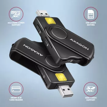 Axagon CRE-SMP2A USB nutikaardi ja SD/microSD/SIM PocketReader lugeja siseruumides USB Type-A/USB Type-C must