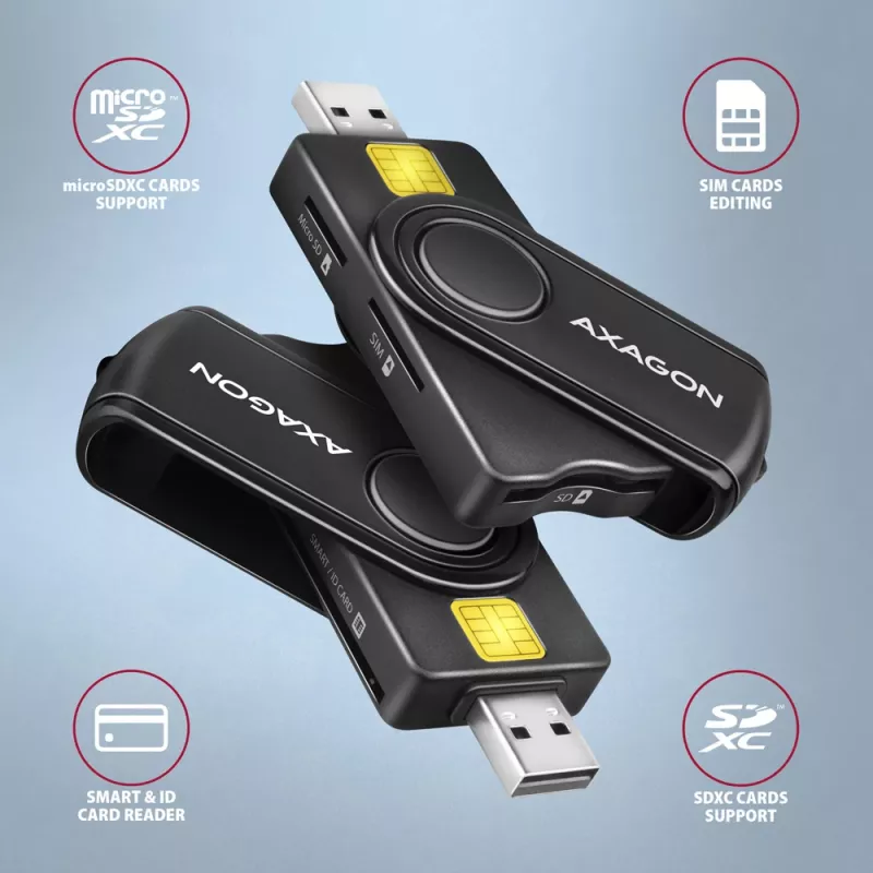 Axagon CRE-SMP2A USB nutikaardi ja SD/microSD/SIM PocketReader lugeja siseruumides USB Type-A/USB Type-C must