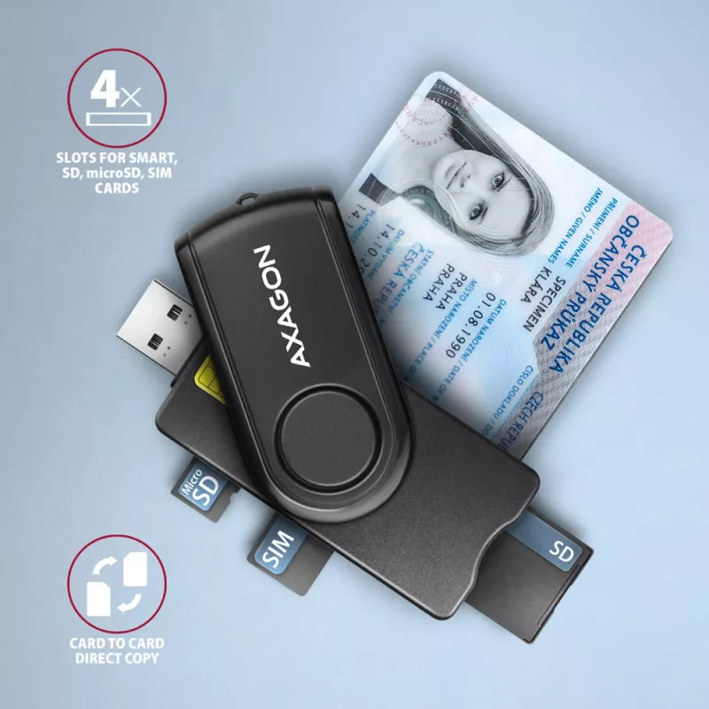 Axagon CRE-SMP2A USB nutikaardi ja SD/microSD/SIM PocketReader lugeja siseruumides USB Type-A/USB Type-C must