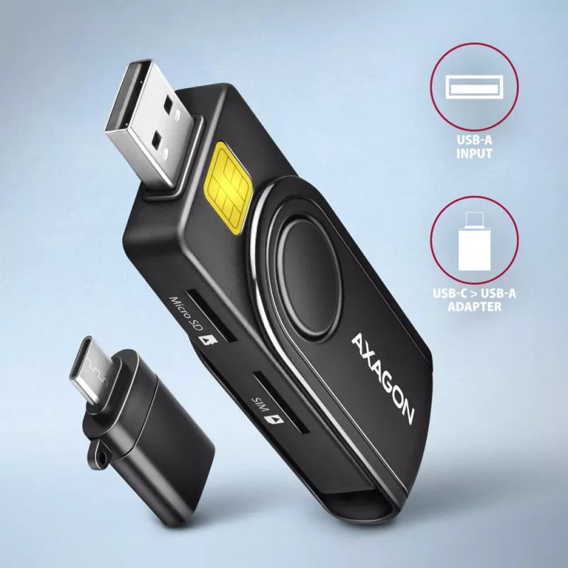 Axagon CRE-SMP2A USB nutikaardi ja SD/microSD/SIM PocketReader lugeja siseruumides USB Type-A/USB Type-C must