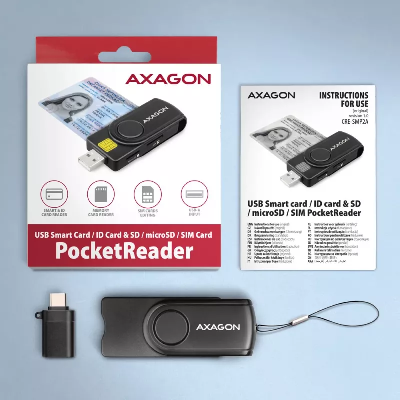 Axagon CRE-SMP2A USB nutikaardi ja SD/microSD/SIM PocketReader lugeja siseruumides USB Type-A/USB Type-C must