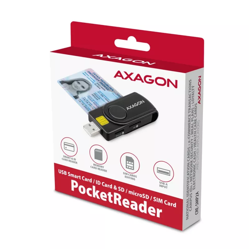 Axagon CRE-SMP2A USB nutikaardi ja SD/microSD/SIM PocketReader lugeja siseruumides USB Type-A/USB Type-C must