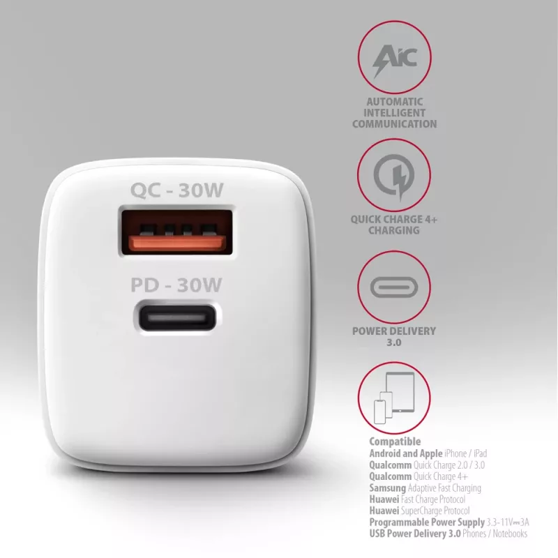 Laadija Axagon ACU-PQ30W QC3.0 30W USB-C Valge
