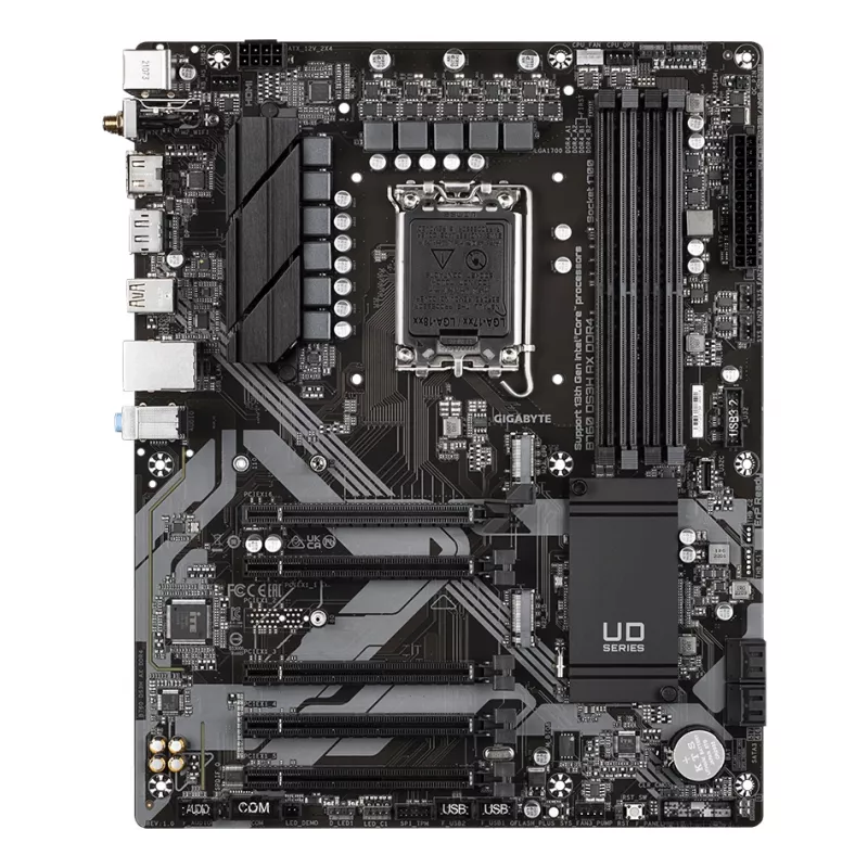 GIGABYTE B760 DS3H AX DDR4 emaplaat – toetab Intel Core 14. põlvkonna protsessoreid, 8+2+1 faasi digitaalne VRM, kuni 5333 MHz DDR4 (OC), 2xPCIe 4.0 M.2, Wi-Fi 6E, GbE LAN, USB 3.2 Gen 2