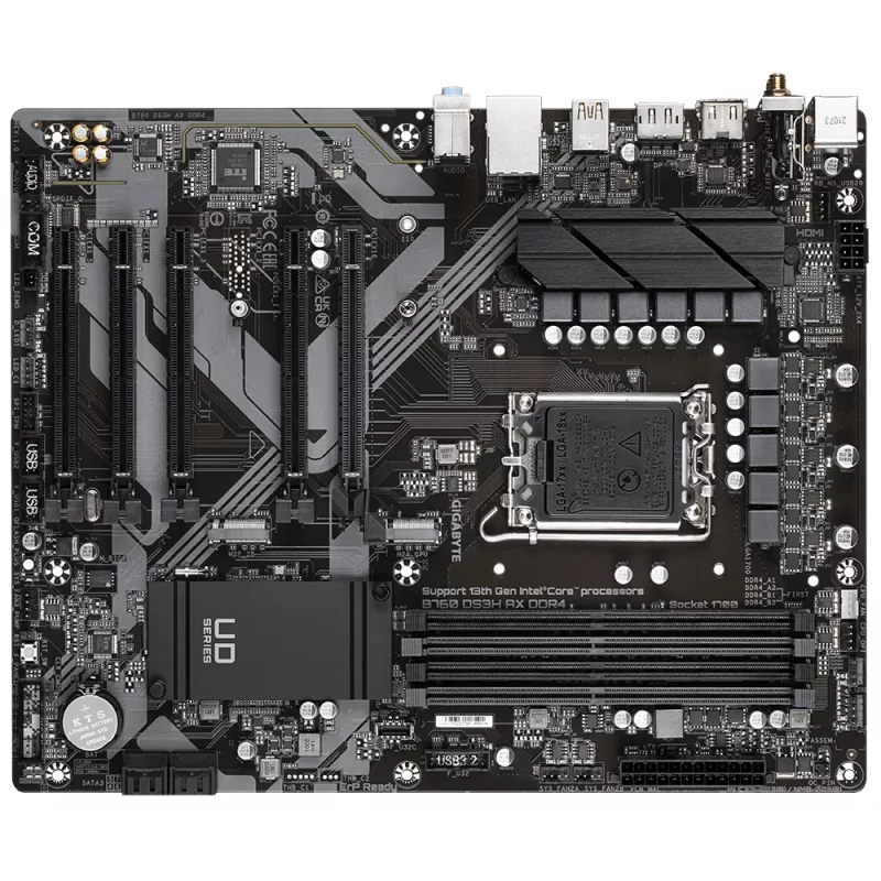 GIGABYTE B760 DS3H AX DDR4 emaplaat – toetab Intel Core 14. põlvkonna protsessoreid, 8+2+1 faasi digitaalne VRM, kuni 5333 MHz DDR4 (OC), 2xPCIe 4.0 M.2, Wi-Fi 6E, GbE LAN, USB 3.2 Gen 2