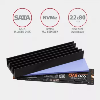 Axagon CLR-M2L10 passiivne alumiiniumist jahutusradiaator kõigile M.2 SSD-dele, suurus 2280, kõrgus 10 mm.