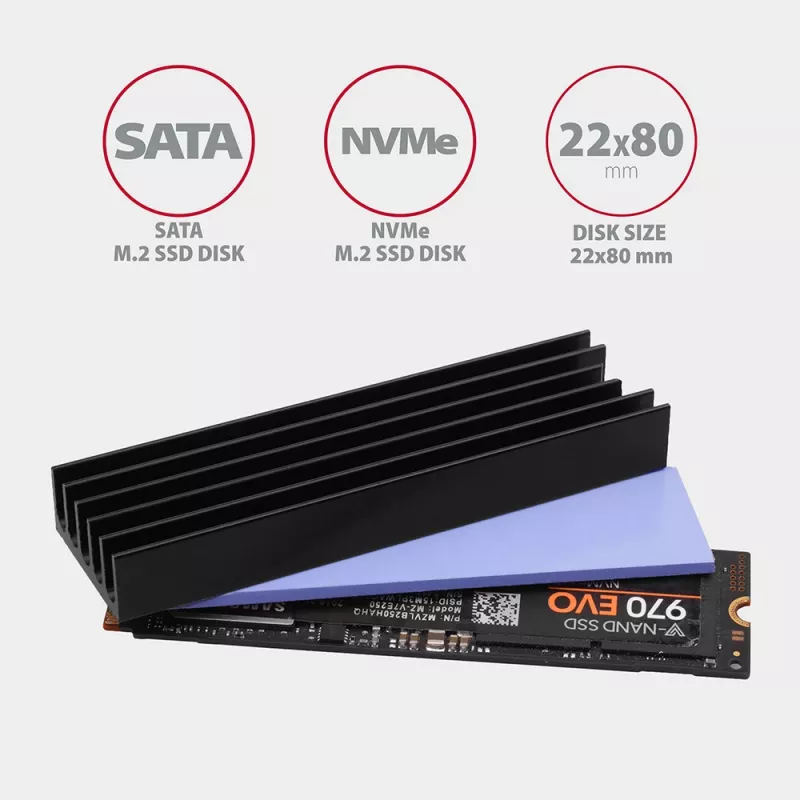 Axagon CLR-M2L10 passiivne alumiiniumist jahutusradiaator kõigile M.2 SSD-dele, suurus 2280, kõrgus 10 mm.