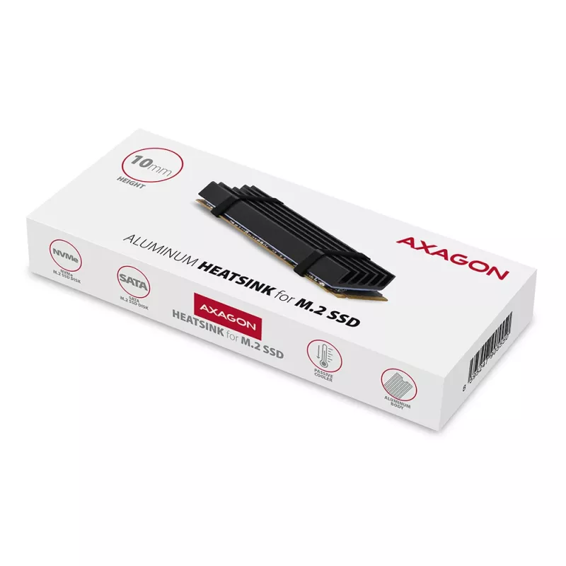 Axagon CLR-M2L10 passiivne alumiiniumist jahutusradiaator kõigile M.2 SSD-dele, suurus 2280, kõrgus 10 mm.