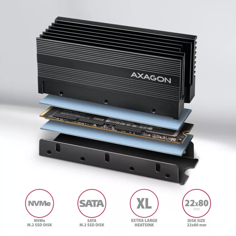 Axagon CLR-M2XL passiivne alumiiniumradiaator ühe- ja kahepoolsetele M.2 SSD-ketastele, suurus 2280, kõrgus 36 mm