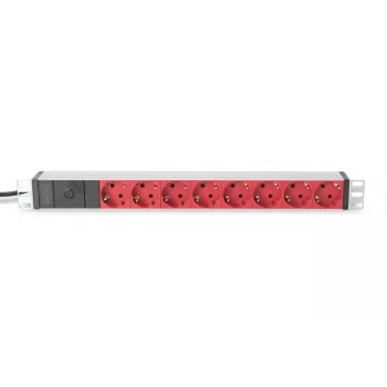 DIGITUS 1U alumiiniumist PDU, rack-paigaldatav 10A pistik, 250VAC 50/60Hz, 8x PUNANE CEE 7/7 pistikupesa eelkaitsega, IEC C14 pistik