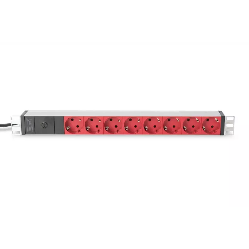 DIGITUS 1U alumiiniumist PDU, rack-paigaldatav 10A pistik, 250VAC 50/60Hz, 8x PUNANE CEE 7/7 pistikupesa eelkaitsega, IEC C14 pistik