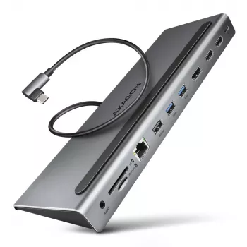 Dokkimisjaam Axagon HMC-4KX3 USB-C 5Gbps jaotur, 3x USB-A, 2x HDMI, DP, RJ-45, SD/microSD, heli, PD 100W, kaabel 40cm