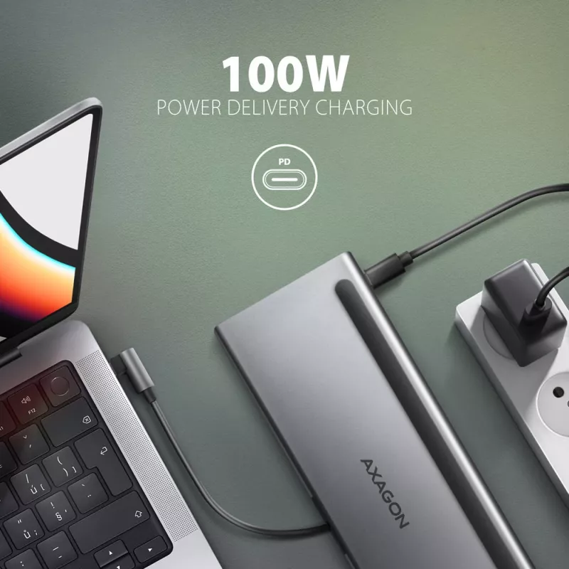 Dokkimisjaam Axagon HMC-4KX3 USB-C 5Gbps jaotur, 3x USB-A, 2x HDMI, DP, RJ-45, SD/microSD, heli, PD 100W, kaabel 40cm