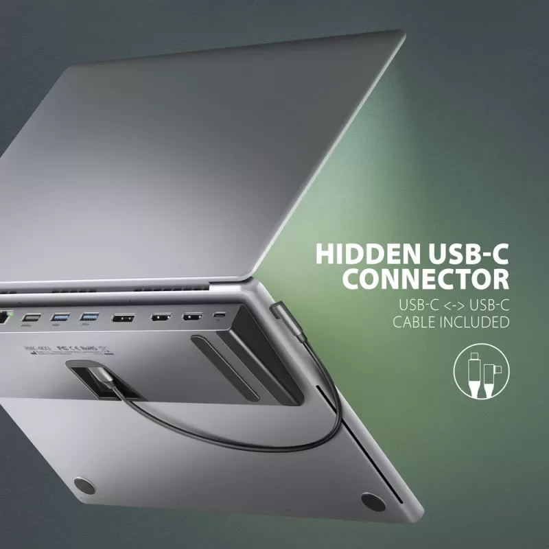 Dokkimisjaam Axagon HMC-4KX3 USB-C 5Gbps jaotur, 3x USB-A, 2x HDMI, DP, RJ-45, SD/microSD, heli, PD 100W, kaabel 40cm