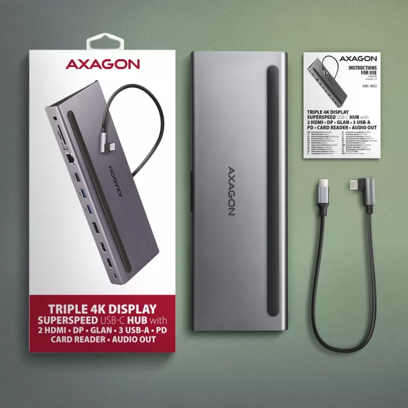 Dokkimisjaam Axagon HMC-4KX3 USB-C 5Gbps jaotur, 3x USB-A, 2x HDMI, DP, RJ-45, SD/microSD, heli, PD 100W, kaabel 40cm
