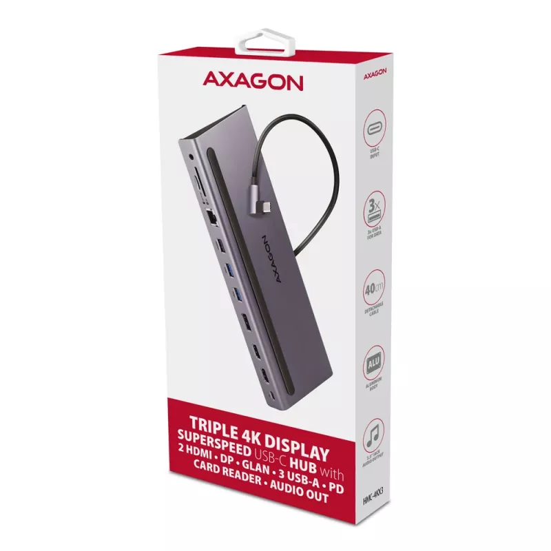 Dokkimisjaam Axagon HMC-4KX3 USB-C 5Gbps jaotur, 3x USB-A, 2x HDMI, DP, RJ-45, SD/microSD, heli, PD 100W, kaabel 40cm