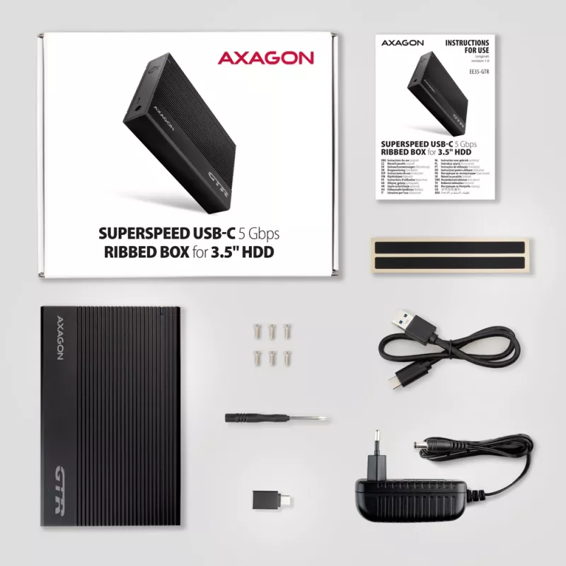 Axagon EE35-GTR USB-C 5Gbps - SATA 6G, 3.5 RIBBED box MUST - USB Typ C HDD korpus 3.5 tolli