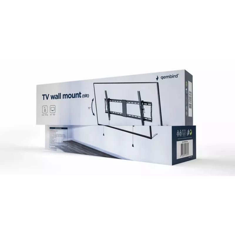 TV seinakinnitus Gembird WM-90T-01 43–90-tollistele ekraanidele, VESA 200x200–800x400, kalle -12°–3°, 70 kg kandevõime, must