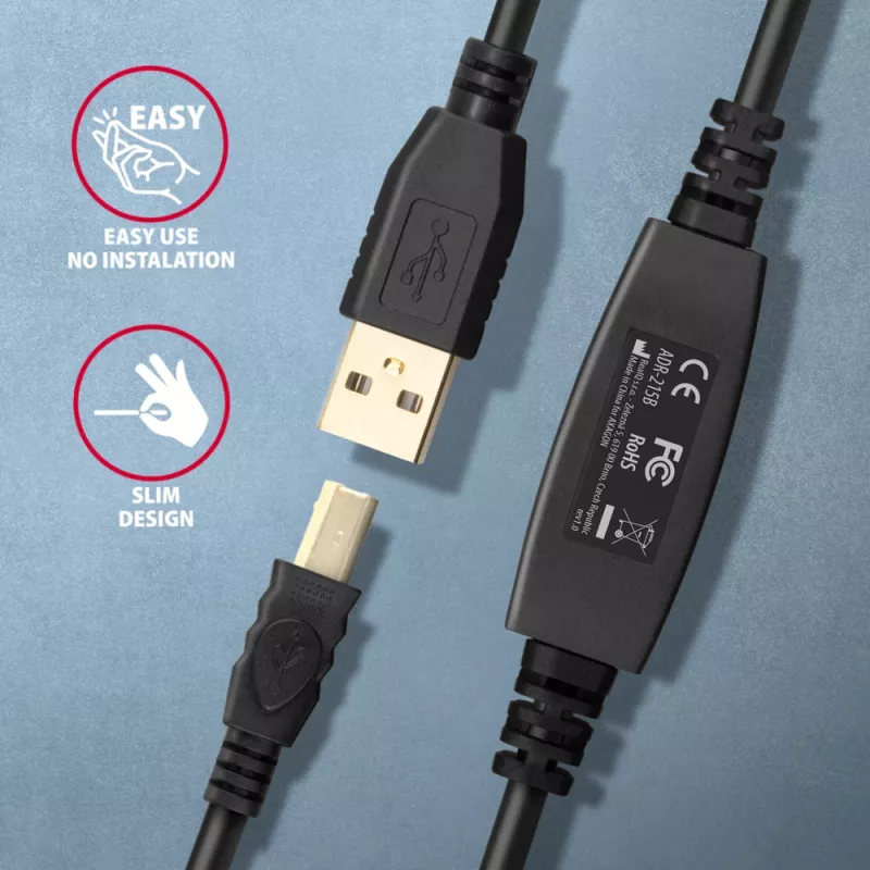 Axagon ADR-215B USB 2.0 A-M -> B-M aktiivne ühendus-/repiterkaabel 15 m
