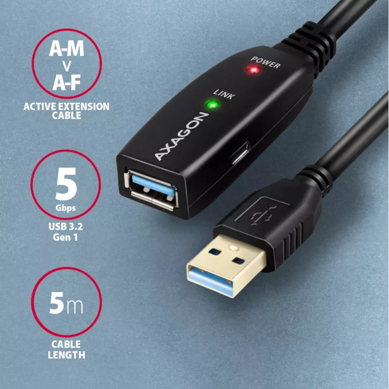 Axagon ADR-305 USB 3.2 Gen 1 A-M -> A-F aktiivne pikendus-/repiterkaabel 5 m