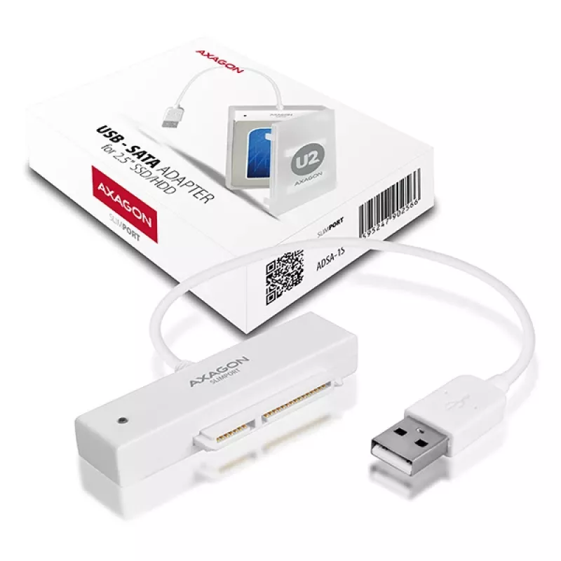 Axagon ADSA-1S USB 2.0 - 2,5-tolline HDD SATA, HDD/SSD korpus, 2,5 tolli, Serial ATA, Serial ATA II, Serial ATA III, 0,48 Gbit/s, USB-ühendus, Valge