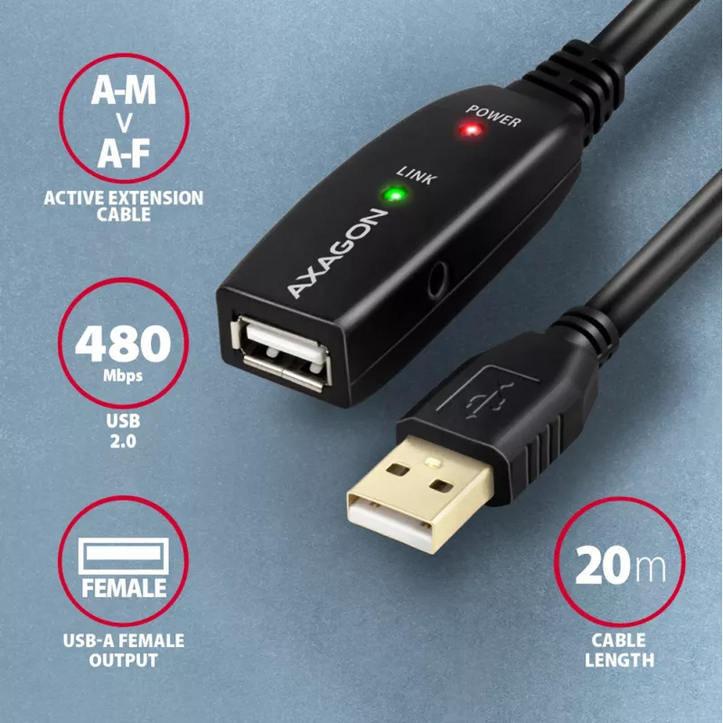 Axagon ADR-220 USB 2.0 A-M -> A-F aktiivne pikendus-/repiiiterkaabel 20 m