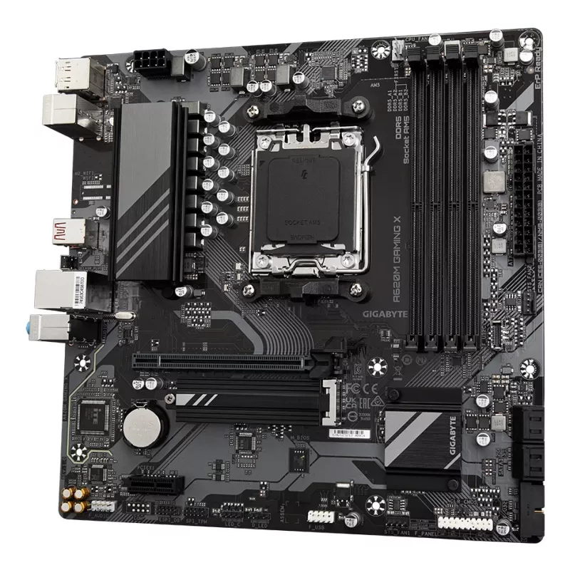 GIGABYTE A620M GAMING X emaplaat – toetab AMD Ryzen 8000 protsessoreid, 8+2+1 faasi digitaalne VRM, kuni 8000 MHz DDR5 (OC), 1x PCIe 4.0 M.2, GbE LAN, USB 3.2 Gen 2