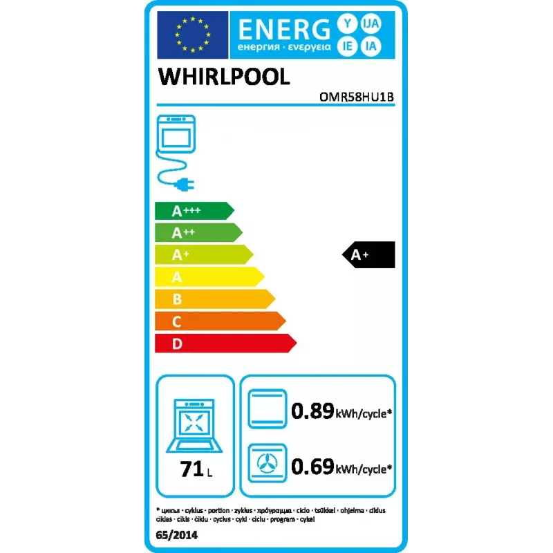 Sisseehitatud elektriahi WHIRLPOOL OMR58HU1B — 71 L, A+, hüdrolüütiline isepuhastus, konvektsioon, grill, teleskoopsiin