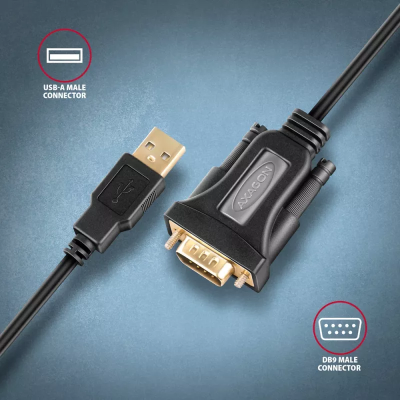 Axagon ADS-1PQN USB-A 2.0 - jada RS-232 DB9-M FTDI adapterkaabel