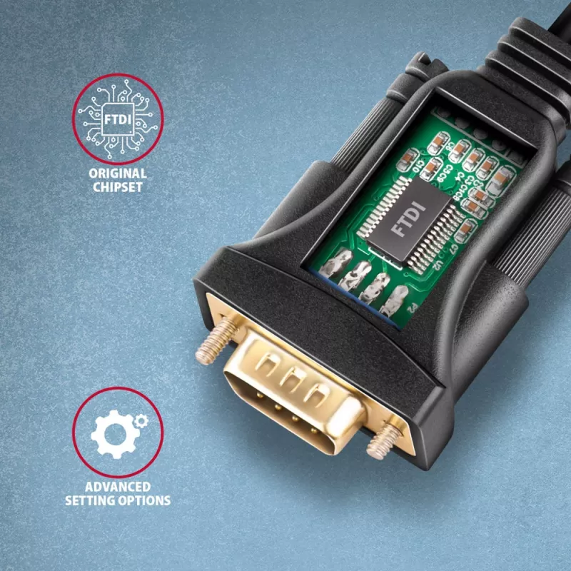 Axagon ADS-1PQN USB-A 2.0 - jada RS-232 DB9-M FTDI adapterkaabel