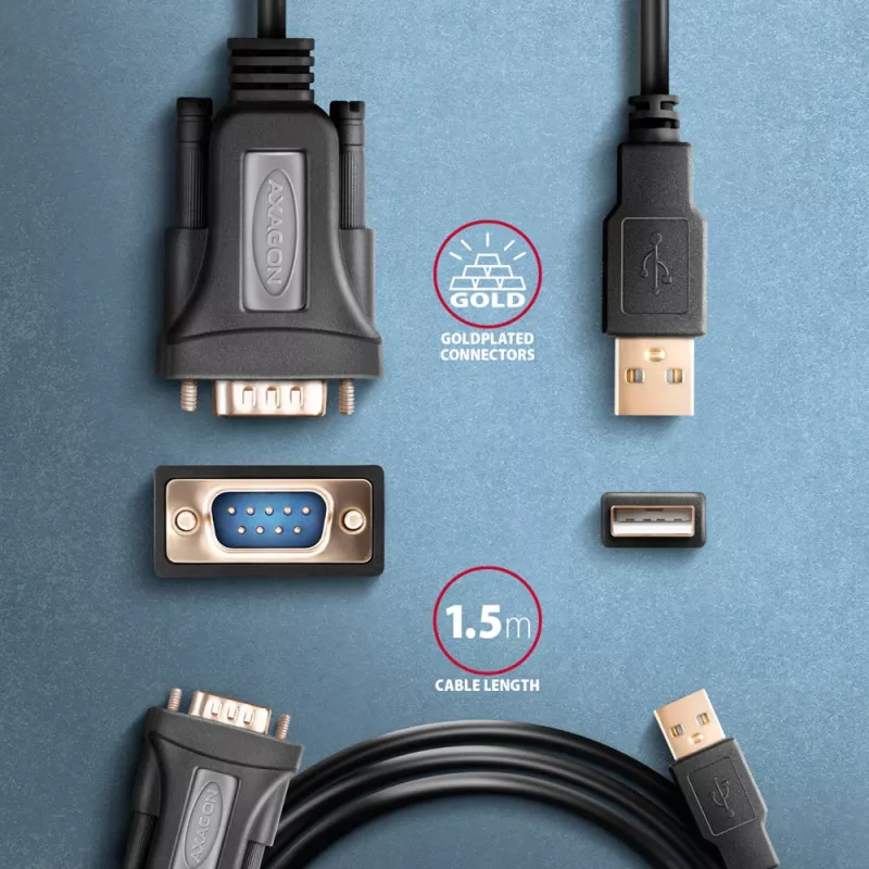 Axagon ADS-1PQN USB-A 2.0 - jada RS-232 DB9-M FTDI adapterkaabel